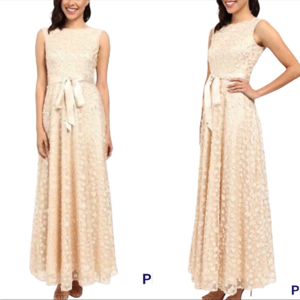 Tahari Arthur S. Levine Missy Satin Embroidered Mesh Floral Appliqué Gown 14